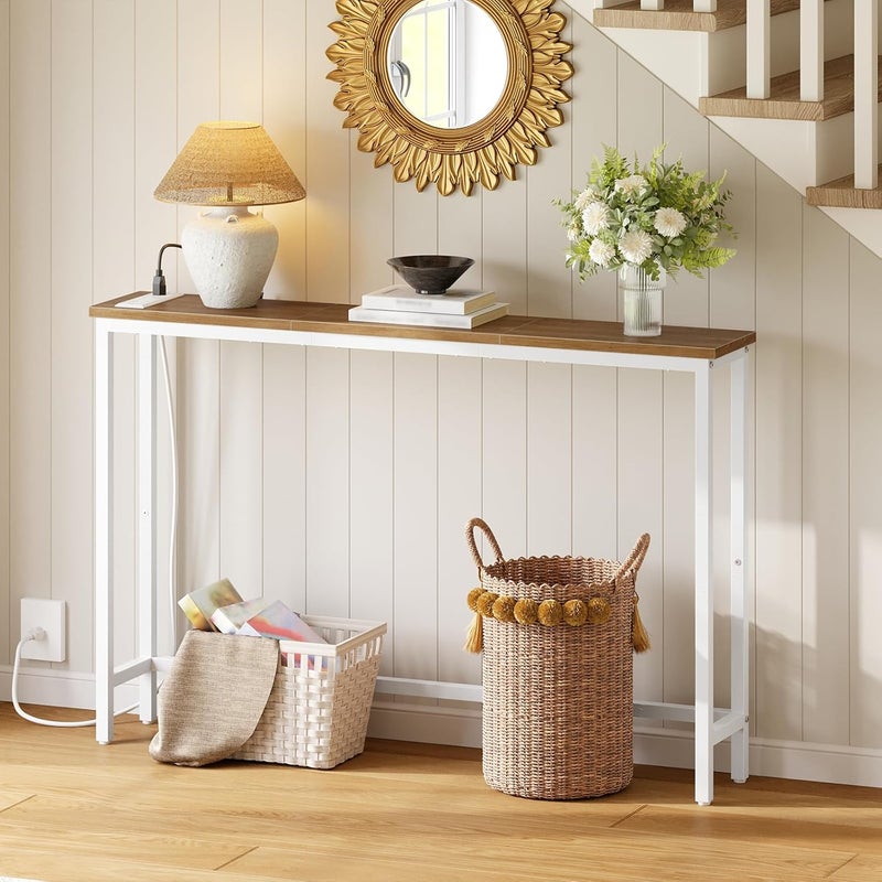 HOOBRO Narrow Console Table with Power Outlets, 44.9 Inches Sofa Table, Slim Behind Couch Table, Entryway Table with Display Shelf, for Living Room, Foyer, Hallway, Walnut and White WH114UXG01 - Image 2